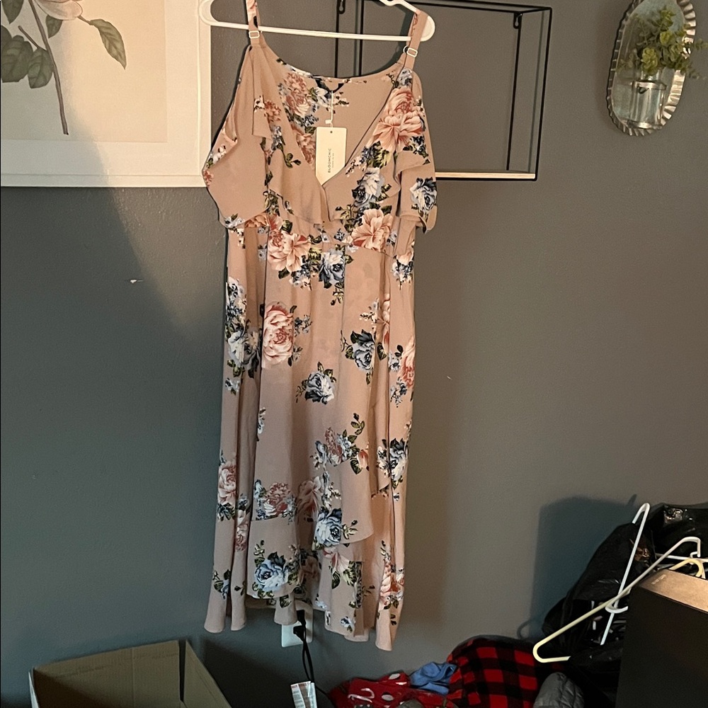 BloomChic Beige Floral Midi Dress with Blue & Pink Blooms